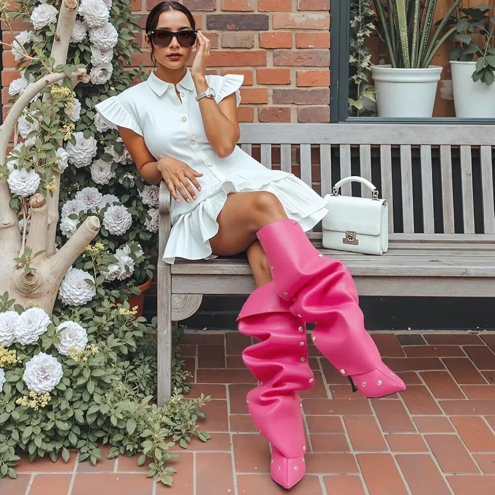 Women's Pink Suede Detachable Snap-off Panel Fold Over Fall Shark Knee High Boot